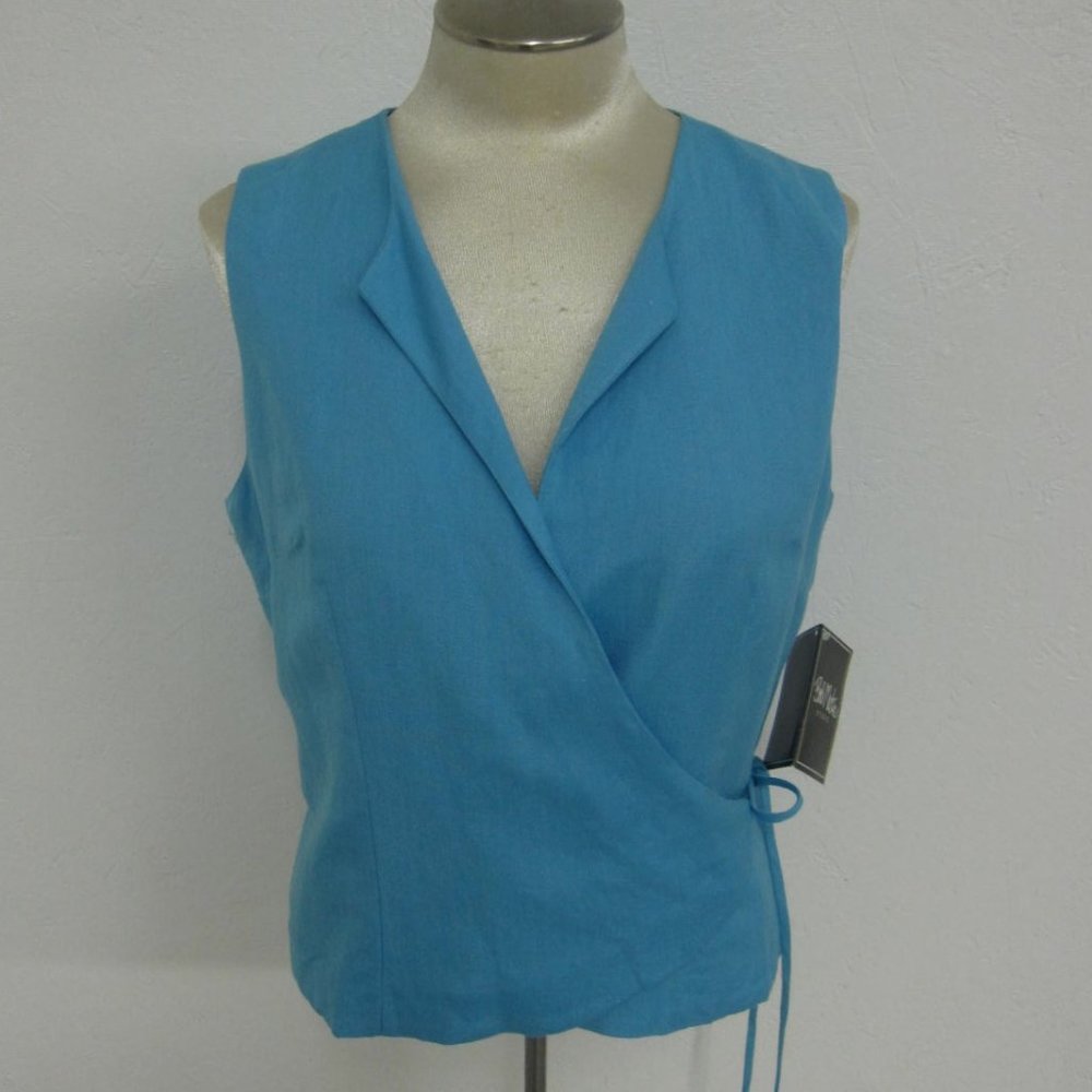 Bob Mackie LINEN Turqoise Wrap Vest Top Blue sz 10